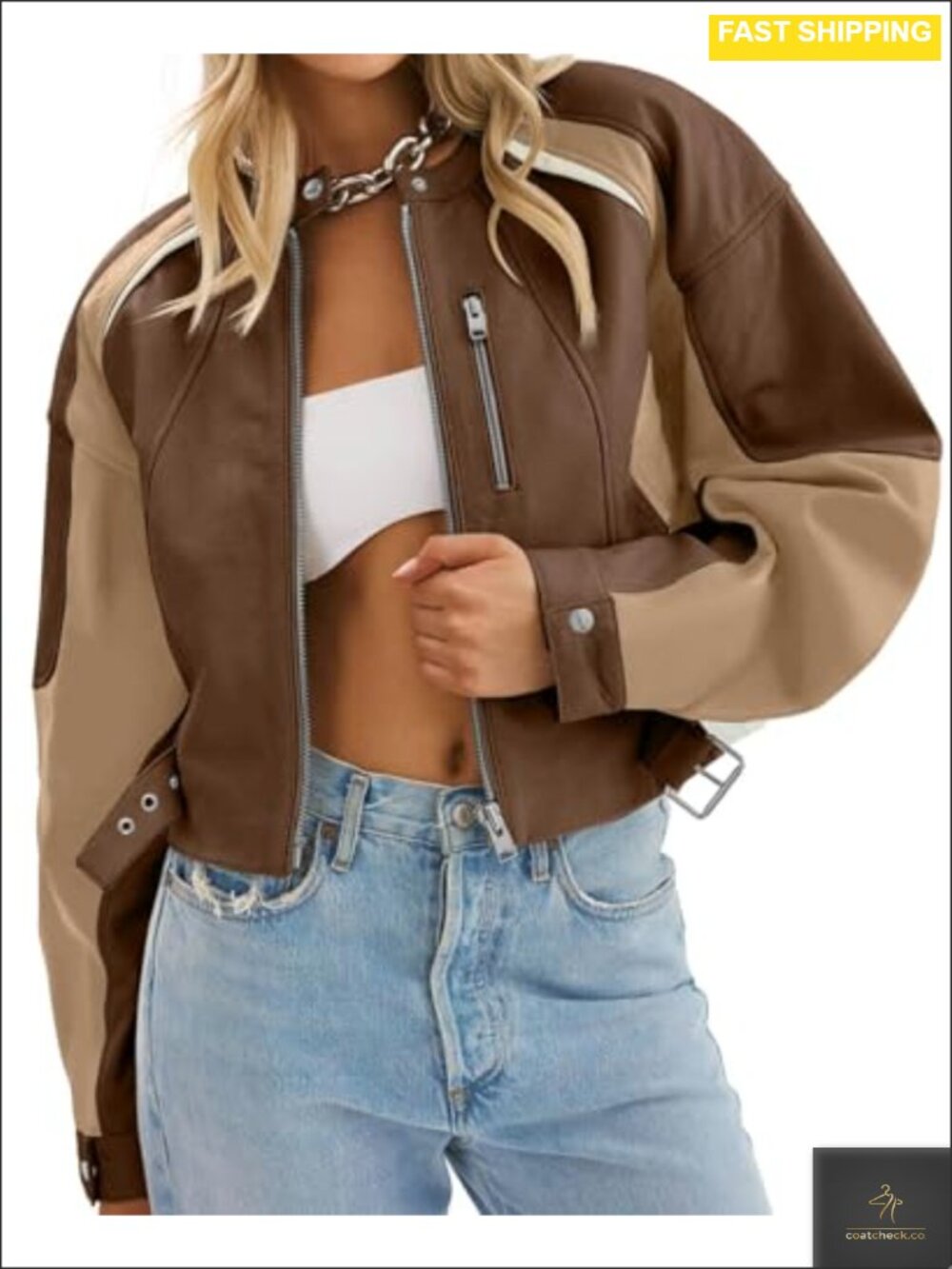 Faux Leather Cropped Bomber Jacket Collarless Moto Biker Coat